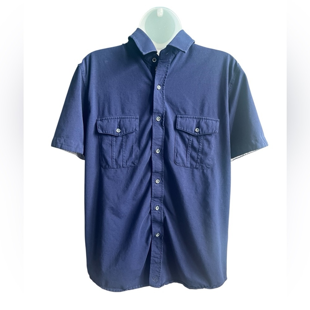 Buttercloth Men's Icy Cotton Button Front Shirt Navy Short Sleeve Medium